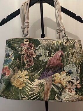 Paolo Masi Tropical Parrot Floral Print Tote in Green, Cream, Pink